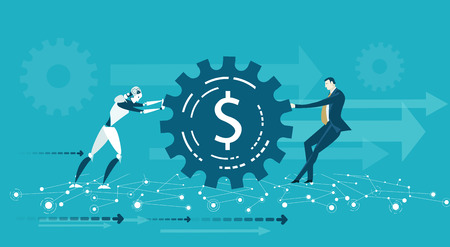 Businessmen and robot rolling the gear with dollar sign. Human and artificial intellect working together. Future business reality conceptのイラスト素材
