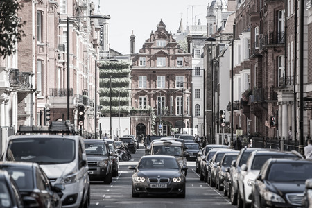 London, UK - September 8, 2016: Residential aria of Mayfair with row of periodic buildings. Luxury property in the centre of London.のeditorial素材