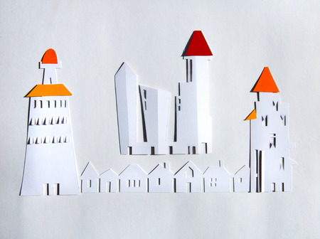 Paper cut design. City with skyscrapers and townhouses. Abstract backgroundの写真素材