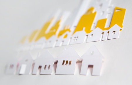 Paper cut design. Townhouses line. Abstract backgroundの写真素材