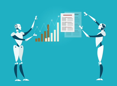 Two robots showing the graphs and charts of success. Artificial intellect Vector illustration.のイラスト素材