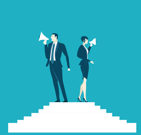 Two business people controlling the working progress with loudhailer. Control, support and making decision concept illustrationのイラスト素材