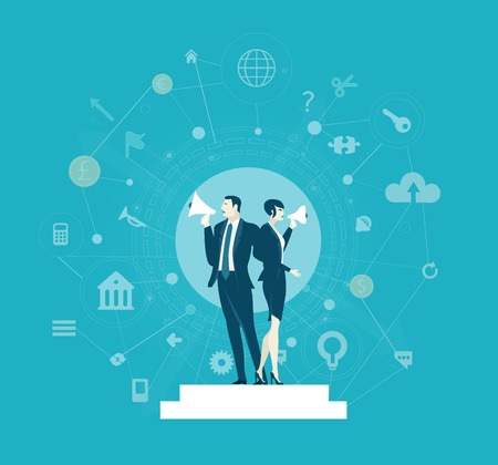 Two business people controlling the working progress with loudhailer. Control, support and making decision concept illustrationのイラスト素材