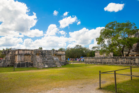 Mexico, Chichen Itzá, Yucatán. Temple of the Warriors with One Thousand columns gallery. Kukulcan...