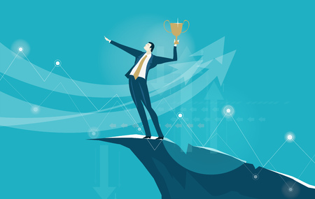 Businessmen on top of the mountain holding up the golden trophy. Business success conceptのイラスト素材