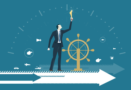 Business man next to ship steering wheel, controlling and developing business process on arrow, which moves him to future success. Concept illustrationのイラスト素材