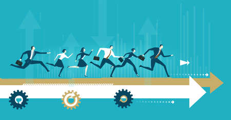 Group of business people running on the arrow towards a success. Concept business illustrationのイラスト素材