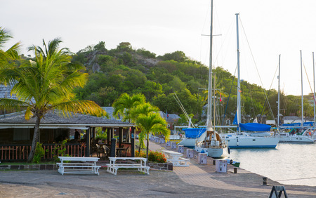 Antigua, Caribbean islands, English Harbour - May 19, 2017: English harbour international preserve area. view with sailing boats and historical buildings Nelson's timeのeditorial素材