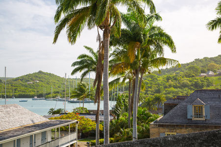 English Harbour view with Galeon beach with yachts and sailing boatsの写真素材