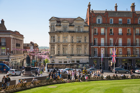 Windsor, UK - May 5, 2018: Windsor high street with roads junction and Queen Victoria monumentのeditorial素材