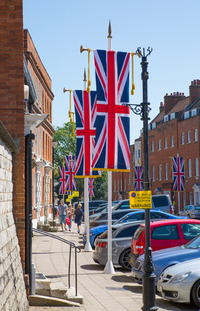 Windsor, UK - May 5, 2018: Windsor street decorated with British flags for the wedding ceremony of prince Harryのeditorial素材