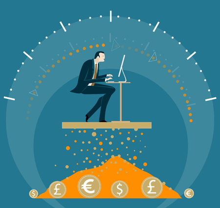 Successful businessman working with computer and speed measure graph at the background representing the quality and progress of his work. Business man making money concept.のイラスト素材