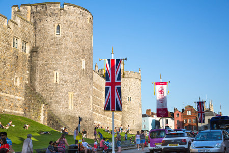 Windsor, UK - May 5, 2018: Medieval Windsor Castle, built 1066 by William the Conqueror. Official residence of Queen. Berkshire, England UKのeditorial素材