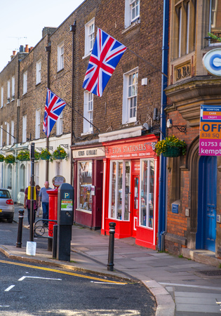 Windsor, UK - May 5, 2018: High street of Windsor, decorated with flagsのeditorial素材