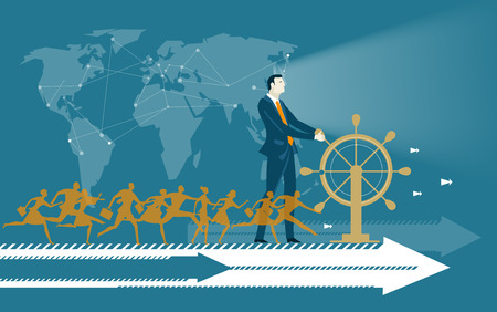 Successful businessmen staying on the moving arrow and holding the ship wheel. Business concept illustrationのイラスト素材