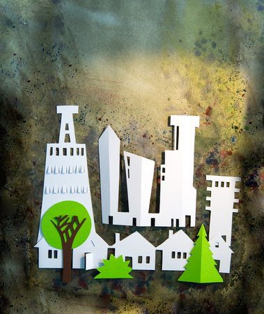 Abstract city made of paper cut. Skyscrapers and residential buildings. Street view. Paper designの写真素材
