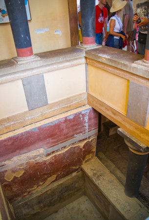 Greece, Crete, Heraklion - July 18, 2018: Knossos ruins, ceremonial and political centre of the tsar Minos. Throne room entranceのeditorial素材