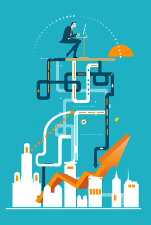 Successful businessman working on top of the complicated financial structure. Consultancy and business concept illustrationのイラスト素材