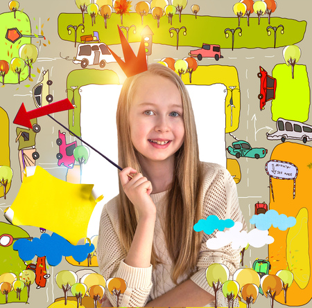 Pretty girl portrait surrounded of paper cut design elements. Craft, hobby, education concept. Back to schoolの写真素材