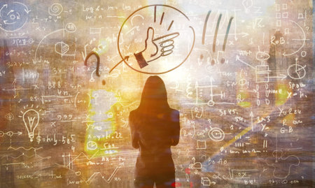 Young woman looking on the black board with mathematical formulas and calculations. Bright idea, way...