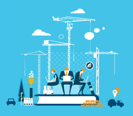 Team of business people working on the laptops, charing knowledge and supporting different area of business.のイラスト素材