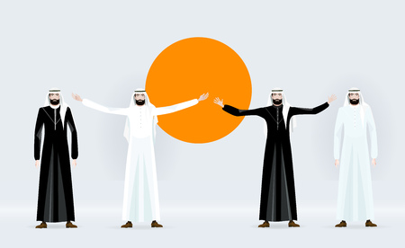 Arabic businessmen in front of oil industry emblem with his team. Concept of success, leadership and victory in businessのイラスト素材