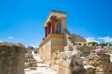 Greece, Crete, Heraklion - July 18, 2018: Knossos ruins, ceremonial and political centre of the tsar Minos. Archaeological site connected with legends of Daedalus, Minotaur, Ariadne and IcarusGreece, Crete, Heraklion - July 18, 2018: Knossos ruins, ceremoのeditorial素材