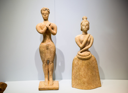 Greece, Crete, Heraklion - July 18, 2018: Ceramic figurines and decorative objects from the Knossos palace.  Archaeological museum displayのeditorial素材