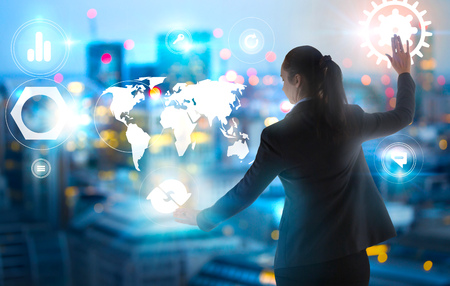 Businesswoman touch network using icon technology with virtual screen icons, Technology, business support, innovation concept.の写真素材