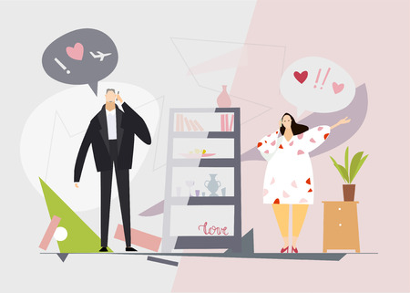 Young couple talking on the phone, happy news, planning future together. Travel and honey moon idea. Flat design illustrationのイラスト素材