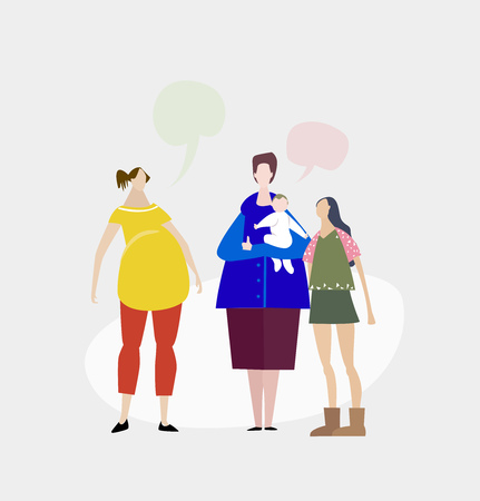 Young mother with child and her pregnant friend. Motherhood. Modern everyday life concept.の写真素材