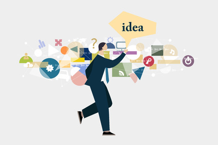 Businessman in suit walking and holding too much information in his head, generating ideas and serving the problems.のイラスト素材
