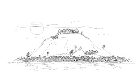 Idealic beach island. Beach line and mountain view in the warm tropical water. Sketch collection.の写真素材