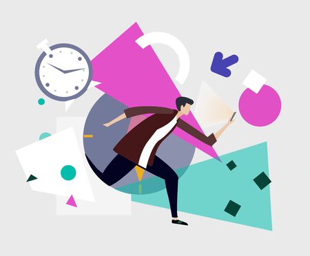 Man running in different dimension looking into gadgetのイラスト素材