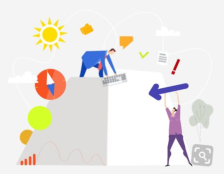 People, colleagues holding a bid banner with space for your text. Business background with icons and symbolsのイラスト素材