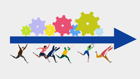 Group of young motivated people running together in one direction and holding the arrow with...