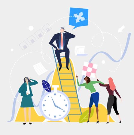 People working together around the ladder with businessman on top of it. Business concept illustration. Solving the problems, making decisions, generating ideas.の写真素材