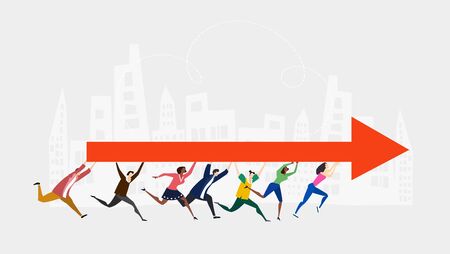 Group of young motivated  running together in same direction and holding up the arrow,の写真素材