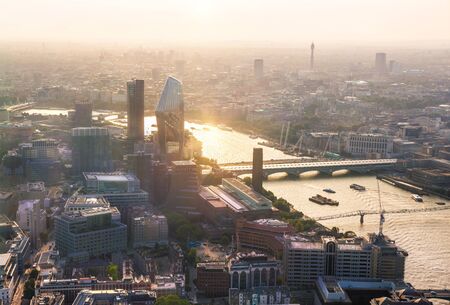 London, UK.  City of London at sunset. Aerial view include London skyscrapers and river Thamesの写真素材