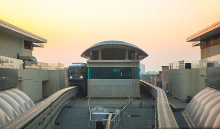 Dubai, UAE United Arabs Emirates - 29 May, 2019: Monorail station at sunset. Monorail connect the plan Jumeirah island with the main landのeditorial素材