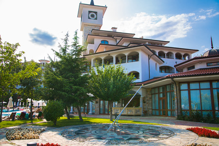 Bulgaria, Sunny Beach - July 13, 2019: Beautiful park of the Helena Palace hotel at Sunny Beach.のeditorial素材
