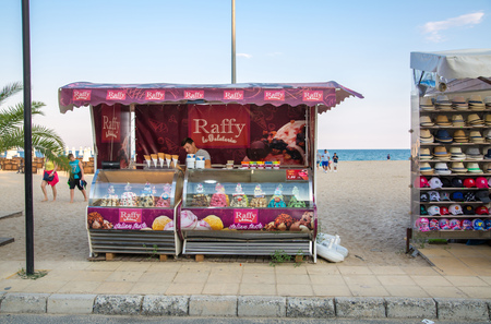 Bulgaria, Sunny Beach - 18 July, 2019: Little cafe.  Small business of Bulgaria. Little shop on Sunny Beach promenade.のeditorial素材