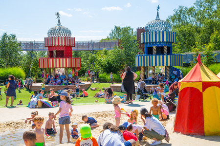 London, UK - July 29, 2019: Kids playground at West London Bushy park. Slides and Bridgesのeditorial素材