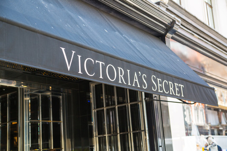 London, UK - August 13, 2019: Logo of the brand Victoria Secret on the Old Bond Street, major shopping street in the West End of London for luxury designer brands and jewelsのeditorial素材