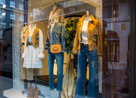London, UK - August 13, 2019: Fashion display of Ralph Lauren boutique shop at Old Bond Street: the...