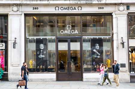 London, UK - August 13, 2019: Regent street view with Omega shop and walking people