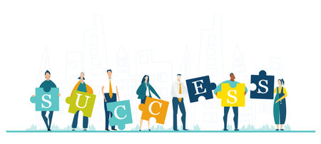 Group of young business people working with puzzles as symbol of collaborating, solving problems, thinking about creative idea, brainstorming and teamwork concept. Success signのイラスト素材