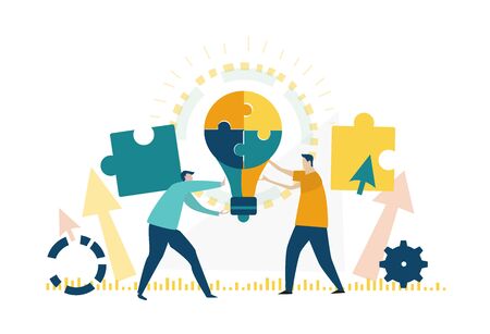 Two young business people holding light bulb made of puzzle pieces. Symbol of collaborating, solving problems, thinking about creative idea, support, brainstorming and teamwork concept.のイラスト素材