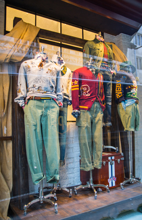 London, UK - August 13, 2019: Fashion display in window of Ralph Lauren  boutique shop at Old Bond Street: the major shopping street in  West End of London for luxury designer brands and jewelsのeditorial素材
