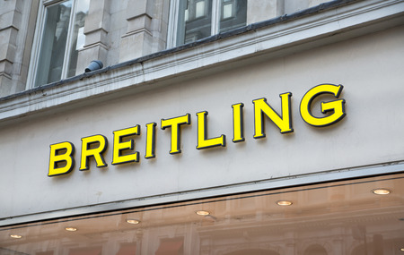 London, UK - August 13, 2019: Breitling Logo brand and shop on the Old Bond Street,  major shopping street in the West End of London for luxury designer brands and jewelsのeditorial素材
